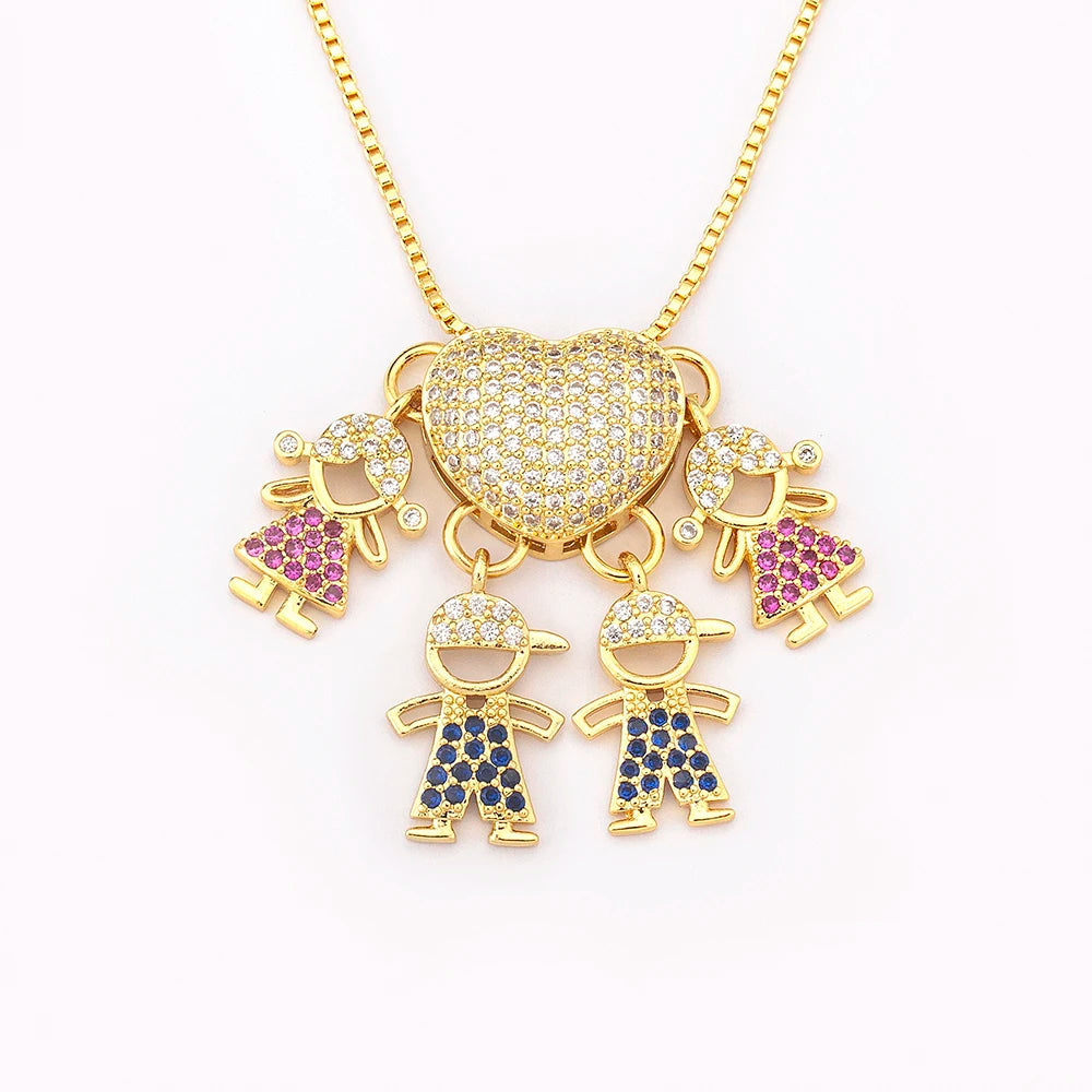 Nidin Fashion Hot Family Member Pendant Necklace Micro-Studded Zircon Love Heart Boy Girl Parent-Child Jewelry Mother's Day Gift Good Vibrations