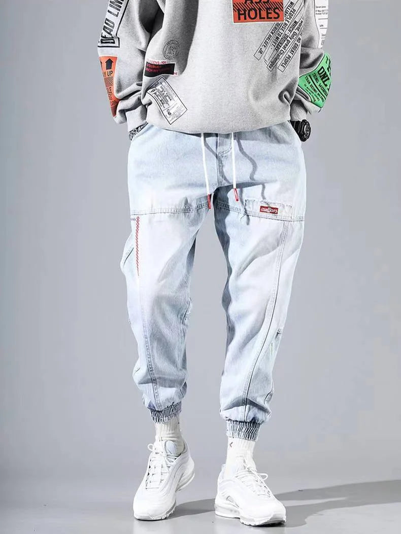 S-5XL Baggy Denim Pants for Men Autumn/winter Trendy Loose Cargo Jeans Casual Korean Slim Legged Male Hip-Hop Capri Pants Blue Good Vibrations