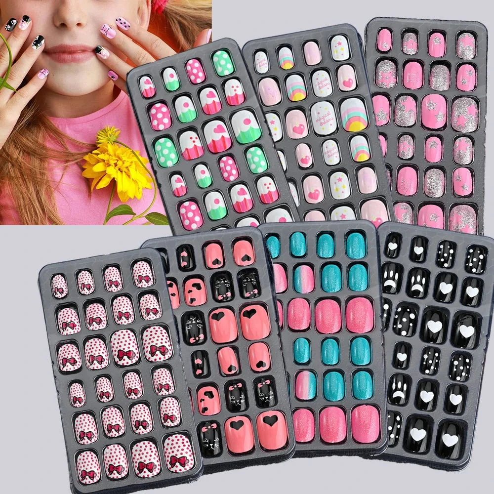 24 Pcs/box Children Cartoon Nail Tips Colorful Artificial Fake Nails for Cute Kids Girls Full Cover Short False Nail Art Kits* Good Vibrations
