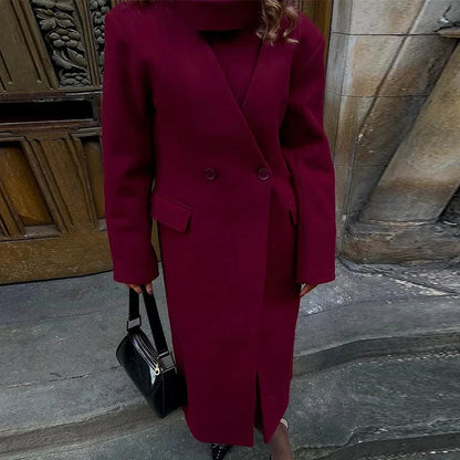 Wine Red Woolen Coats With Scarf Women Elegant Full Sleeve Double Breasted Long Overcoat 2025 Autumn Winter New Lady Streetwear Good Vibrations