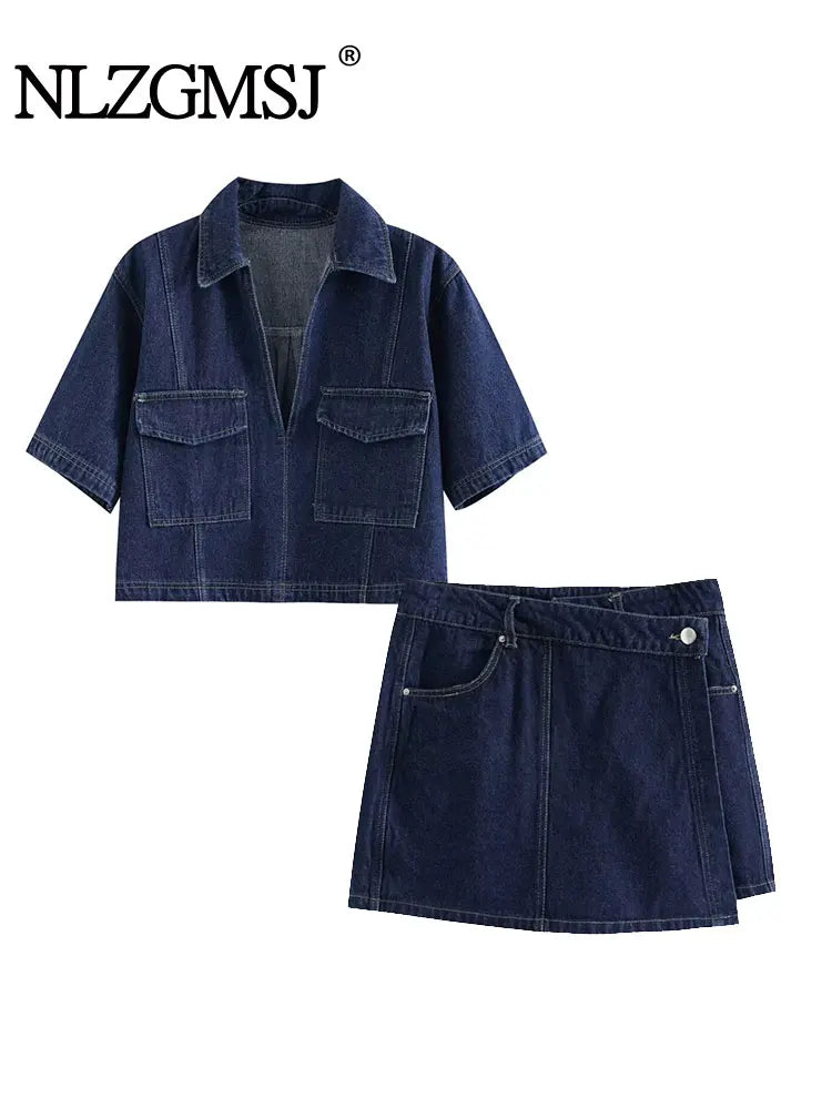 2025 Women's Fashion Flip Pocket Decoration Short Flip Collar Slim fit denim Top + Asymmetric Denim Skirt 2 Piece Set Good Vibrations