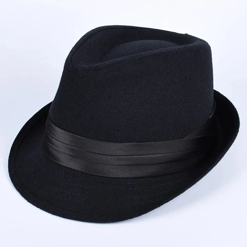 Classic Fedora Men's Hats 2025 Casual Short Sleeve Trilby Top Hat French England Elegant Ribbon Jazz Cap Fedoras Black Felt Hat Good Vibrations