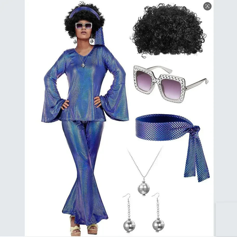 70s Women Disco Outfit Costume Disco Party Top Pants Sunglasses Ball Necklace Earring Wig for Halloween Easter Party Dress Up Good Vibrations