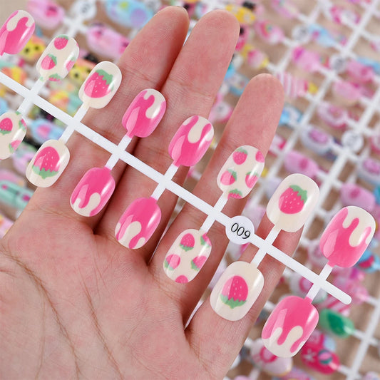 24Pcs/Strip Pink Detachable Child False Nails Tip Kawaii Cartoon Strawberry Acrylic Artificial Full Cover Press On Nail for Girl Good Vibrations