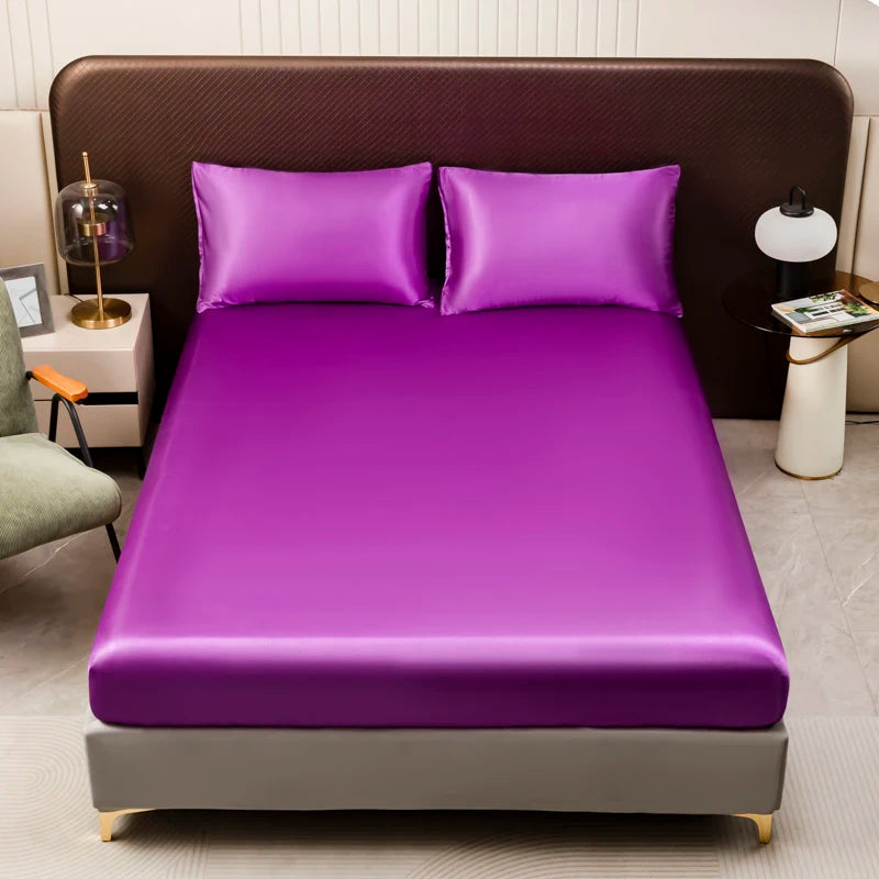 1Pc Satin Fitted Sheet Solid Colour Twin Full Queen Ice Silk Mattress Cover Natural With Elastic Band Bed Sheet (No Pillowcase) Good Vibrations