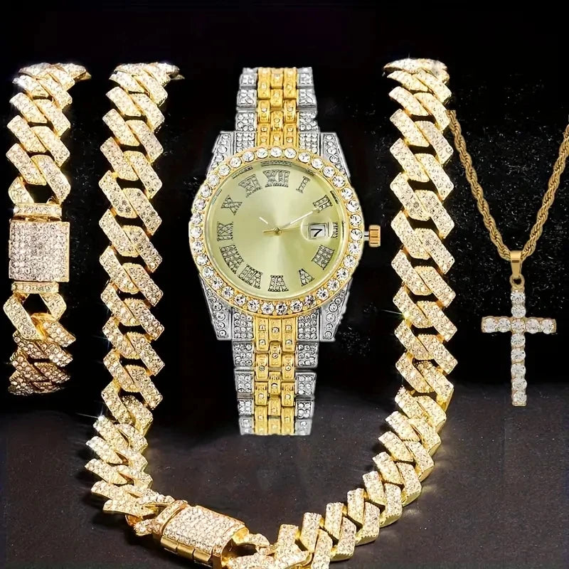 4pcs/set Mens Bling Wrist Watch & Hip Hop Cuban Chain Necklace Set - Rhinestone Accented, Round Dial, Electronic Quartz Movement Good Vibrations