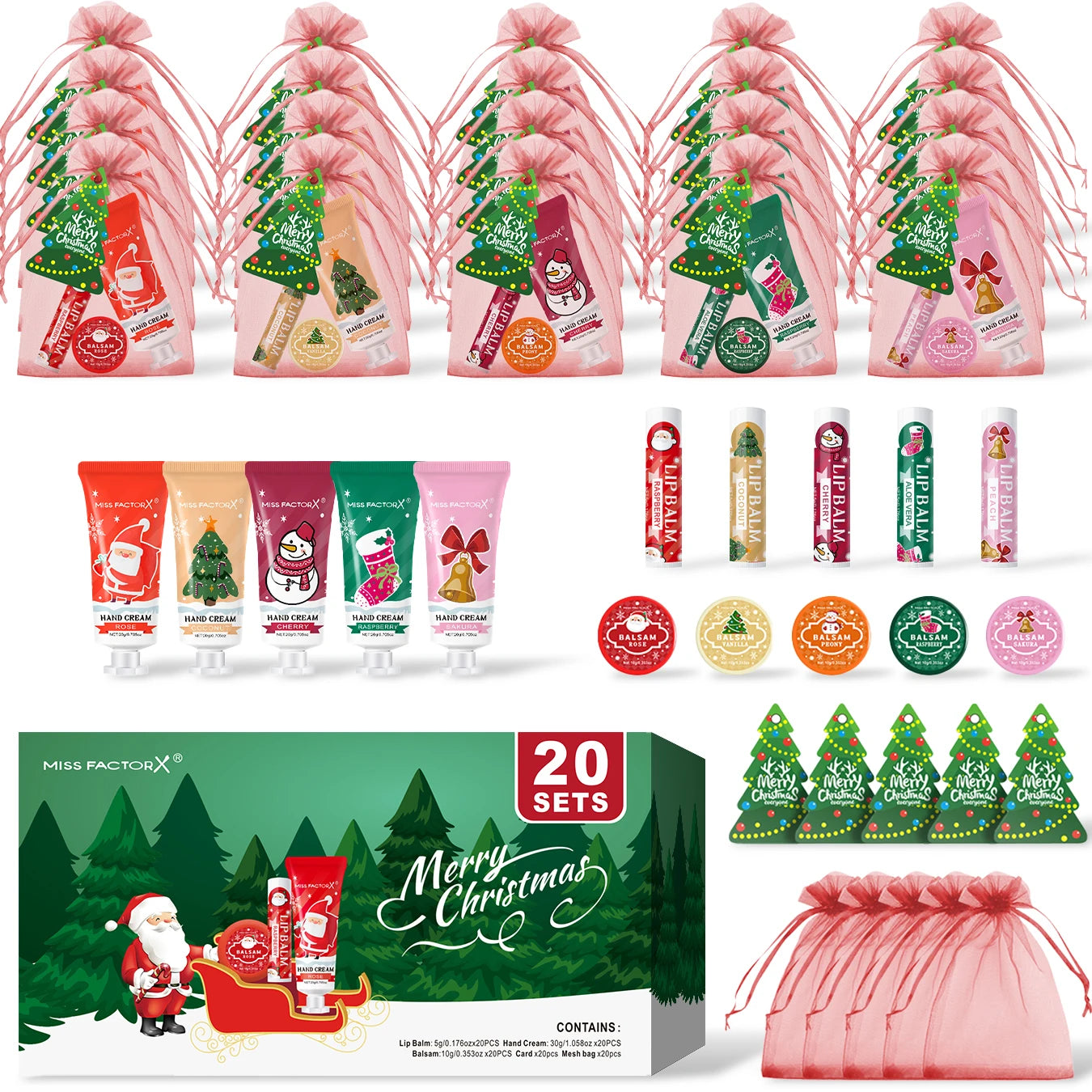 Christmas gift set -100 pieces/box batch lipstick, hand cream, balm, Christmas tree card and red organza bag Good Vibrations
