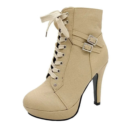 Women's Boots High Heels New 2025 Autumn Cross-tied Fashion Belt Buckle Height Increased By 6-8cm Round Toe Strap Women's Boots Good Vibrations