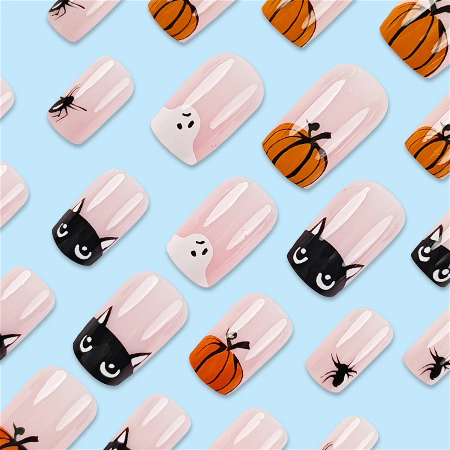 24pcs Halloween Cute Cartoon French Fake Nails Nude Pink Square Press On Nails With Pumpkin Ghost Designs Professional Nail Art Good Vibrations