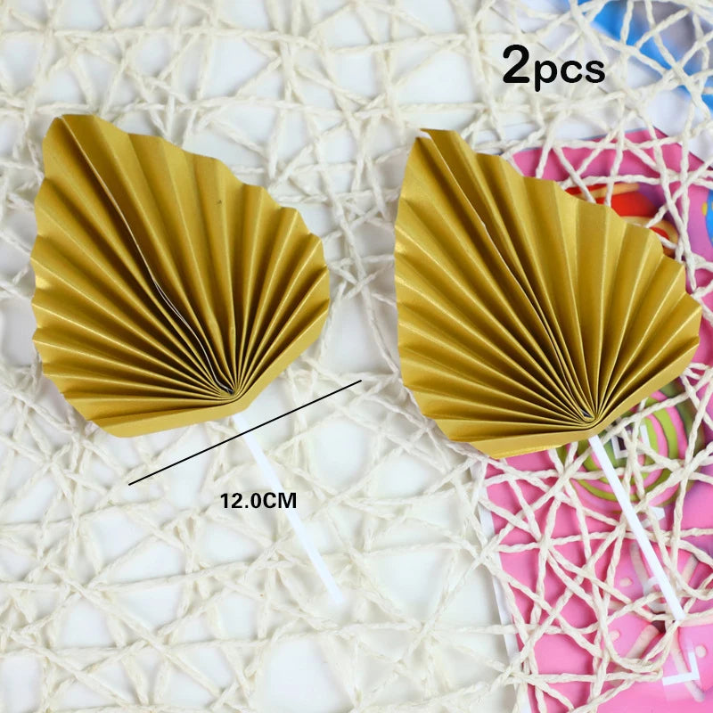 Suit Gold Palm Leaf Paper Fan Happy Birthday Cake Topper Metal Ball Flower Baby Shower Party Cupcake Decor Wedding Cake Toppers Good Vibrations