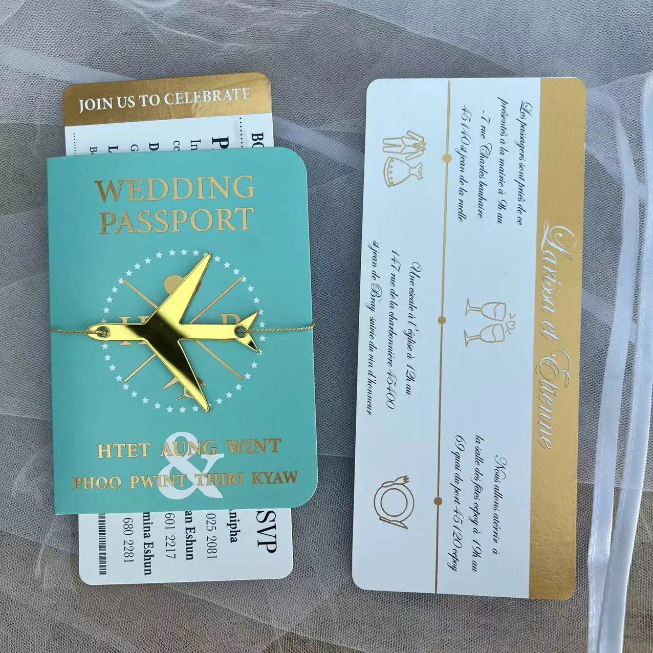 30/55pcs Sage Green Invitation, Custom Paper Passport Tickets Invite Cards With Acrylic Plane, Travel Wedding Theme Template Good Vibrations