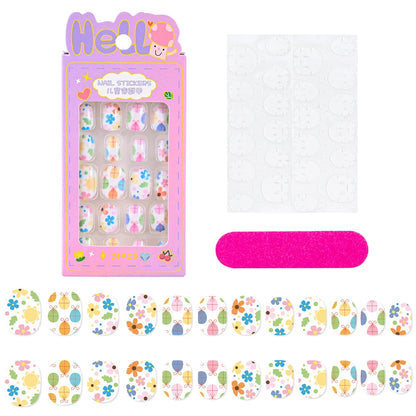 24Pcs/box Kids nails for Girl Cartoon Pattern False Nail Cute Child Fake Nails Tips Kawaii Acrylic Artificial Press on Nail+Tool Good Vibrations