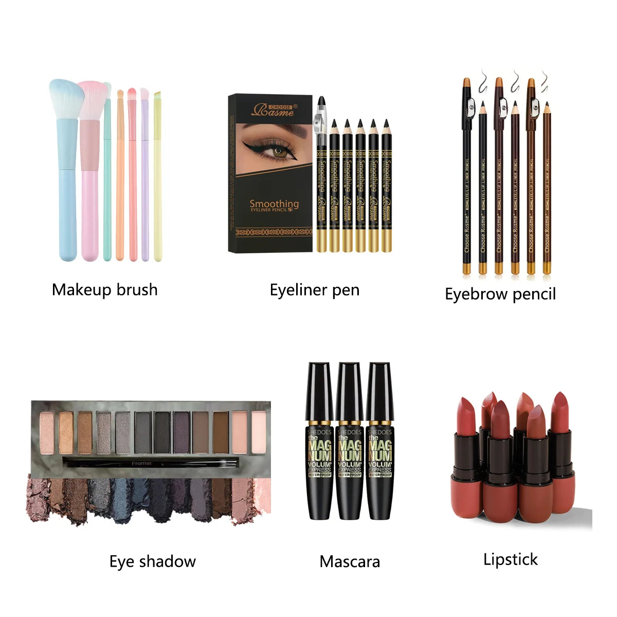 A Complete Set of Cosmetics Lipstick, Eyeliner, Makeup Brush, Eyebrow Pencil, Eye Shadow and Eye Black Beauty Gifts Good Vibrations