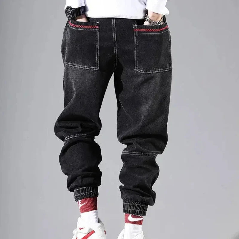 S-5XL Baggy Denim Pants for Men Autumn/winter Trendy Loose Cargo Jeans Casual Korean Slim Legged Male Hip-Hop Capri Pants Blue Good Vibrations