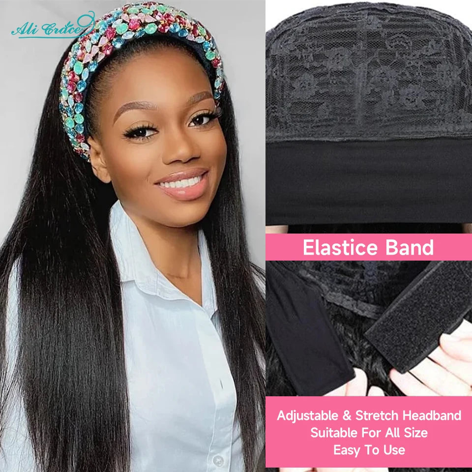 Ali Grace Glueless Wigs Straight Human Hair Wigs for Women Headband Hair Wigs With Adjustable Bangs Brazilian Straight Hair Wigs Good Vibrations