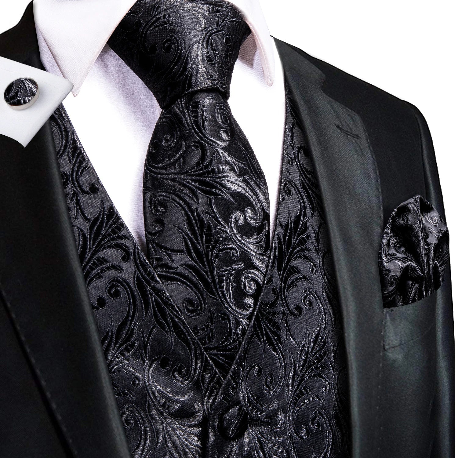 Hi-Tie Black Men Silk Vest Paisley Jacquard Necktie Hankerchief Cufflinks Sets Male Sleeveless V-Neck Waistcoat Business Formal Good Vibrations