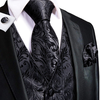 Hi-Tie Black Men Silk Vest Paisley Jacquard Necktie Hankerchief Cufflinks Sets Male Sleeveless V-Neck Waistcoat Business Formal Good Vibrations