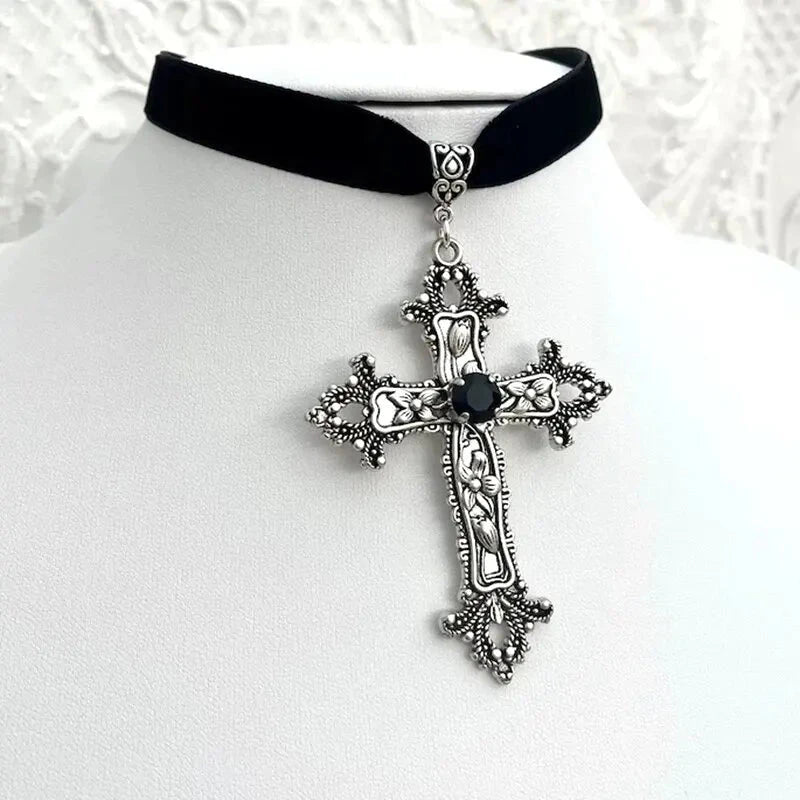 A Classic Gothic Large Cross Shaped Black Velvet Necklace Prepared for Her, Gorgeous Cross Shaped Black Velvet Necklace Good Vibrations