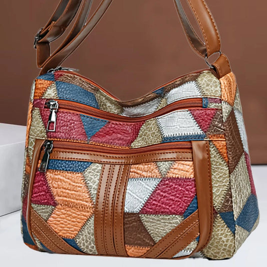 Women's  Crossbody Shoulder Bag, Lightweight Geometric Pattern, Multi-Layer Design, Secure Zipper Closure, Colorful Accessories Good Vibrations