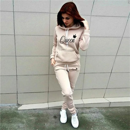 Hot women's 2-piece QUEEN print sports suit sportswear jogging suit women's hooded sportswear suit clothes hoodie+sweatpants Good Vibrations
