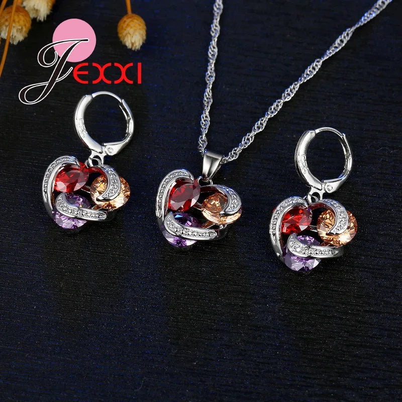 Colorful Crystal Jewelry Set for Female Girls 925 Sterling Silver Pendant Necklaces Earrings Set Women Wedding Accessorie Good Vibrations Adult Super Store