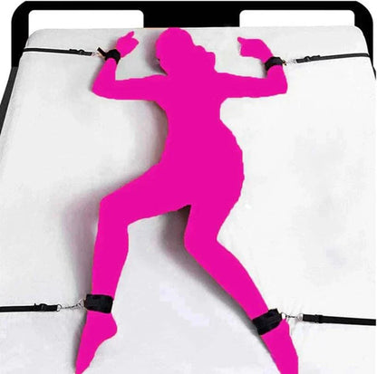 Sex bed restraint system with nylon handcuffs and ankle cuffs for couples games and BDSM.