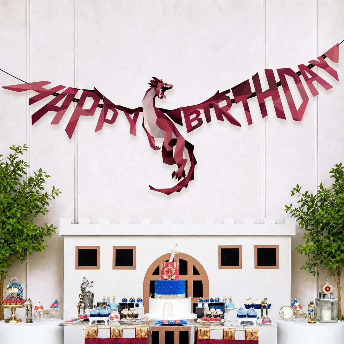 Dragon Party Decor Medieval Dragon Hanging Happy Birthday Banner Fire Wings Garland Geometric Fantasy Castle Streamer Decoration Good Vibrations