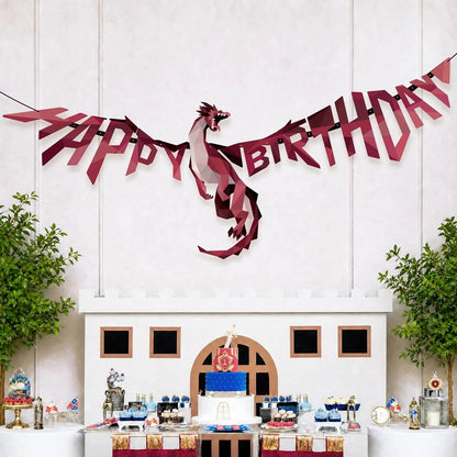 Dragon Party Decor Medieval Dragon Hanging Happy Birthday Banner Fire Wings Garland Geometric Fantasy Castle Streamer Decoration Good Vibrations