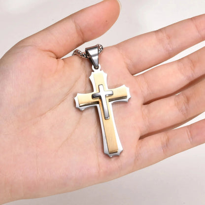 3D Cross Pendant Necklaces for Men Boys,Black Gold Color Stainless Steel Cross Necklace,Hiphop Punk Party Gift Good Vibrations