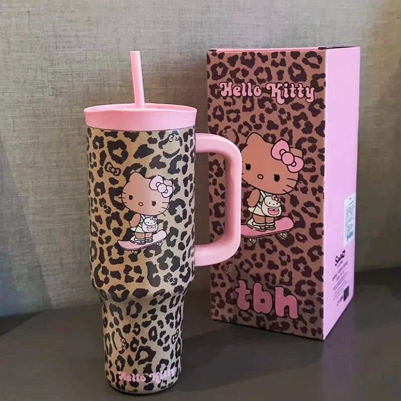 TBH Leopard Print Kitty Series Straw Thermos Cup Travel Sports Water Bottle Stainless Steel Cold Insulation Cup Girls Gift Good Vibrations