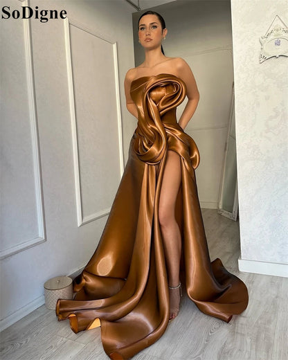SoDigne Elegant Brown Evening Dresses A-Line Draped High Split Ruffles Strapless Long Party Dress Modern Prom Gowns Customized Good Vibrations