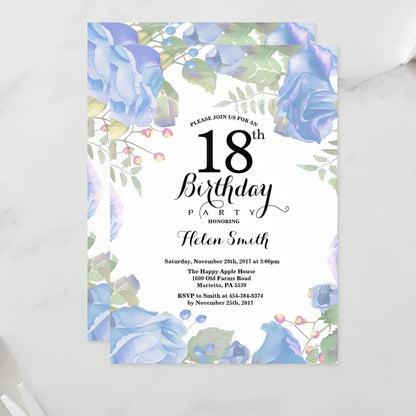 5/20/100pcs 18th birthday invitations, Watercolor Blue Floral birthday invitations 18, Sunflower Birthday Invitation Good Vibrations