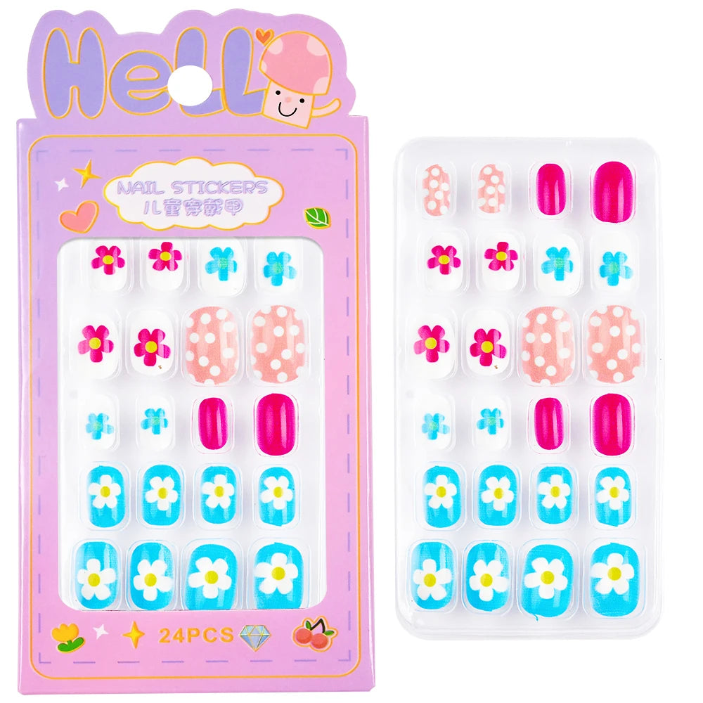 24Pcs/box Kids nails for Girl Cartoon Pattern False Nail Cute Child Fake Nails Tips Kawaii Acrylic Artificial Press on Nail+Tool Good Vibrations