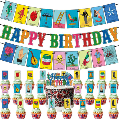 Traditional Colorful Mexican Decoration, Pre-strung Mexican Game Theme Birthday Banner & Cake Cupcake Topper Good Vibrations