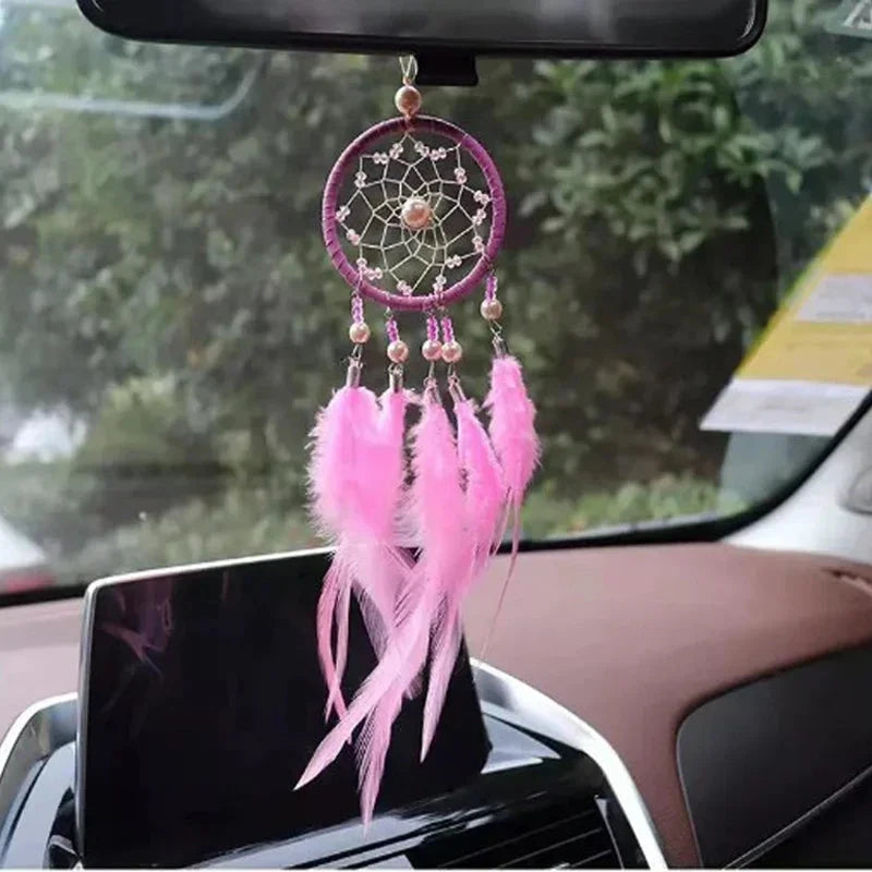 Car Ornament Interior Accessories Dream Catcher Car Pendant for Girls Feather Crystal Mirror Hanging Pendant Home Decor Lucky Good Vibrations