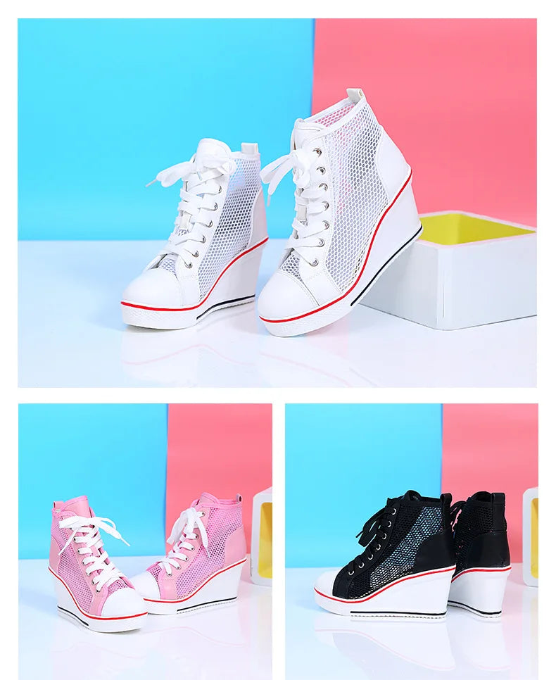 2025  Wedge Heel 8cm Height Increasing Net Shoes Thick Bottom Sandals Women's Casual Lace-up Shoes High-top Hollow Women's Shoes Good Vibrations