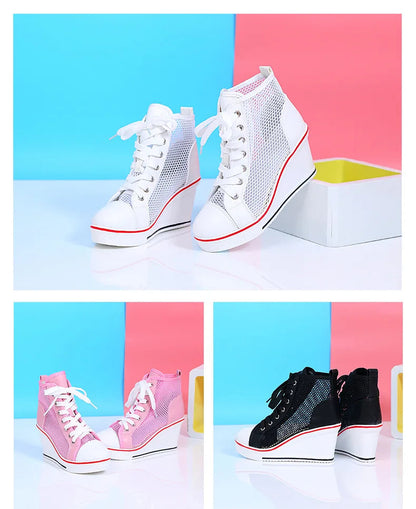 2025  Wedge Heel 8cm Height Increasing Net Shoes Thick Bottom Sandals Women's Casual Lace-up Shoes High-top Hollow Women's Shoes Good Vibrations