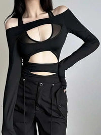 Hollow Out Sexy Bodysuit Lingerie Long Sleeve Bustier One-pieces Lenceria Femenina Solid Black Body Feminino Club Rave Outfit GOOD Vibrations