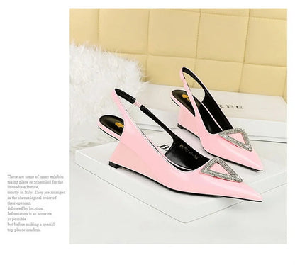 Wedges Women Shoes High Heel Shallow Pointed Toe Hollow Back Straps Patent Leather Triangle Metal Crystal Buckle Pumps Good Vibrations