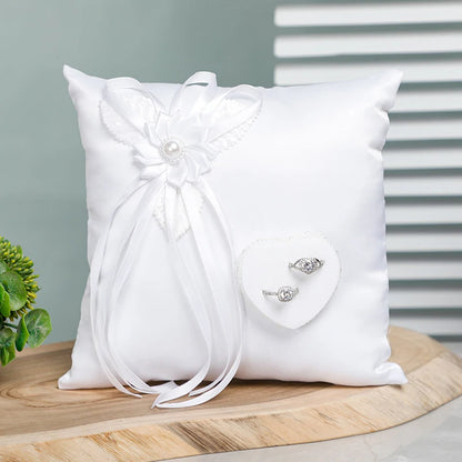 Wedding Ring Pillow Elegant Heart Bowknot Ring Bearer Pillow Portable Wedding Supplies