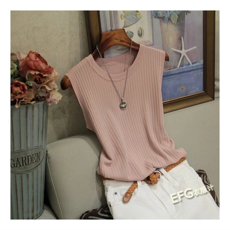 Summer Sleeveless Blouse Women O-neck Knitted Blouse Shirt Women Clothes Women Tops DF4903 Good Vibrations