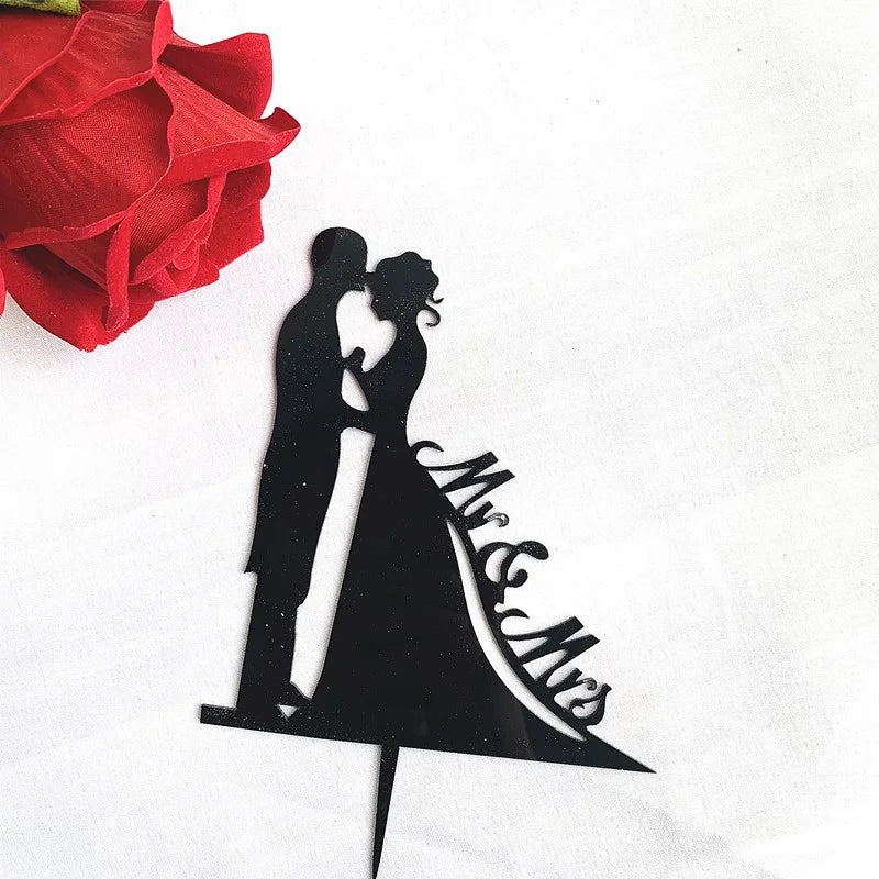 Mrs & Mrs Wedding Party Cake Topper Gold Black Ring Acrylic Wedding Cake Toppers Dessert Decoration Bride Groom Baking Supplies Good Vibrations