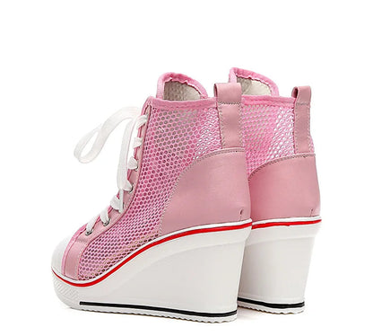 2025  Wedge Heel 8cm Height Increasing Net Shoes Thick Bottom Sandals Women's Casual Lace-up Shoes High-top Hollow Women's Shoes Good Vibrations