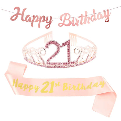 Happy Birthday Banner Pull Flag Rose Gold Crown Strap For 18 Year Old 3 Piece Birthday Party Decorations Good Vibrations
