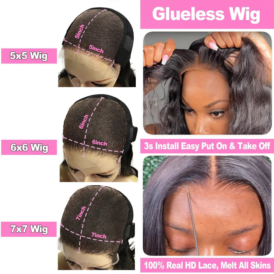 Wow Angel 7x7 HD Lace Closure Wigs 34inch Body Wave Wigs Remy Hair 6x6 HD Lace Closure Human Hair Wigs Pre Plucked Glueless Wigs Good Vibrations
