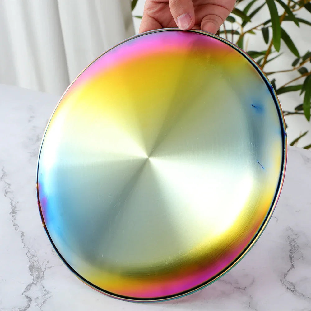 Stainless Steel Dinner Plates European Style Dessert Plate Kitchen Serving Dishes Salad Plate Cake Tray Western Steak Round Tray Good Vibrations