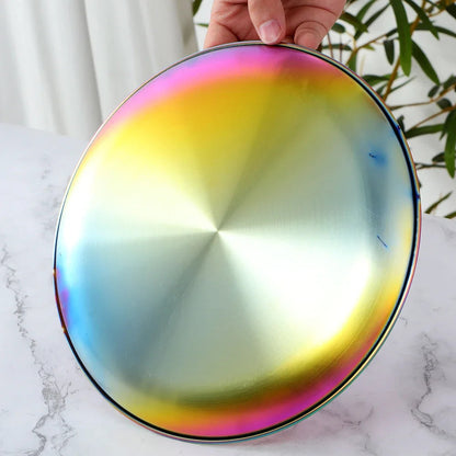 Stainless Steel Dinner Plates European Style Dessert Plate Kitchen Serving Dishes Salad Plate Cake Tray Western Steak Round Tray Good Vibrations