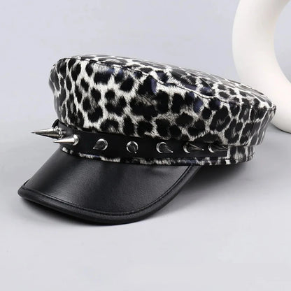 Retro Hip-hop Rivet Leopard Hat Harajuku Punk Y2k Beret Hat Gothic Silver Flat Top Cap for Girls Good Vibrations