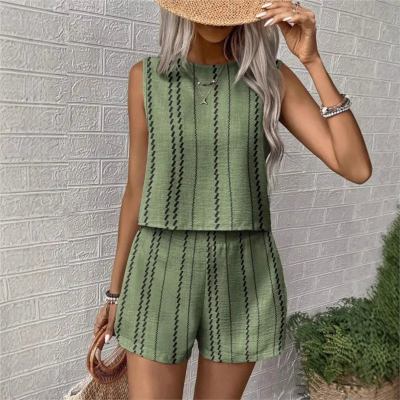 Women's Two Piece Sets 2025 Summer Casual Loose Crafts Striped Printed Sleeveless Vest Shorts 2-piece Set Suit Women Streetwear Good Vibrations