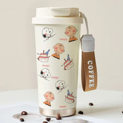 Cartoon Cute Snoopy Anime Peripheral Thermos Cup Women's Heart Stainless Steel Large Capacity Coffee Cup Straw Water Cup Gift Good Vibrations
